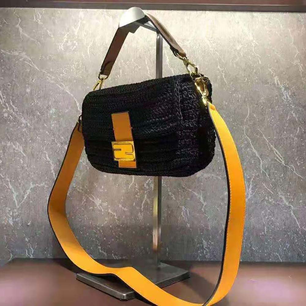 Fendi Women Baguette Bag in Traditional Cotton Crochet Bag-Black 3 Fendi Women Baguette Bag in Traditional Cotton Crochet Bag-Black - Image 3