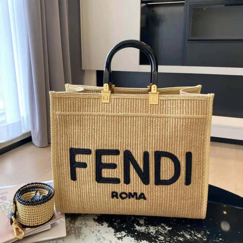 Fendi Women Sunshine Medium Embroidered Straw Shopper