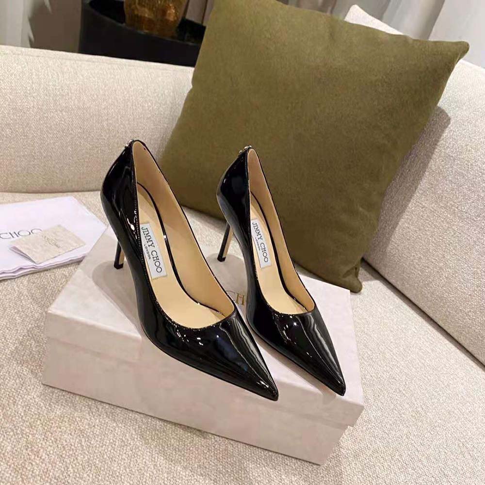 Black Patent Leather Pointed-Toe Pumps with JC Emblem
