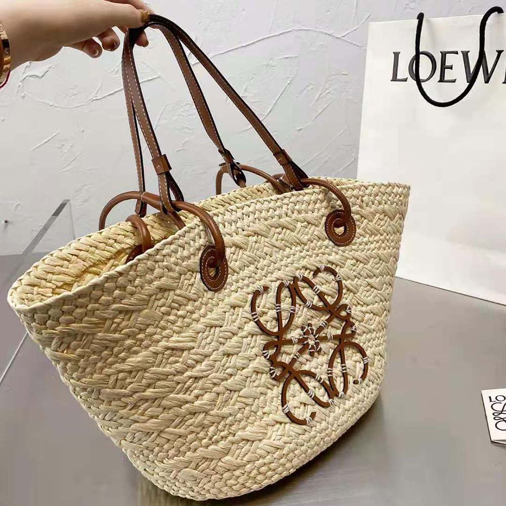 LOEWE Iraca Palm Calfskin Anagram Basket Bag Natural Tan 1294037