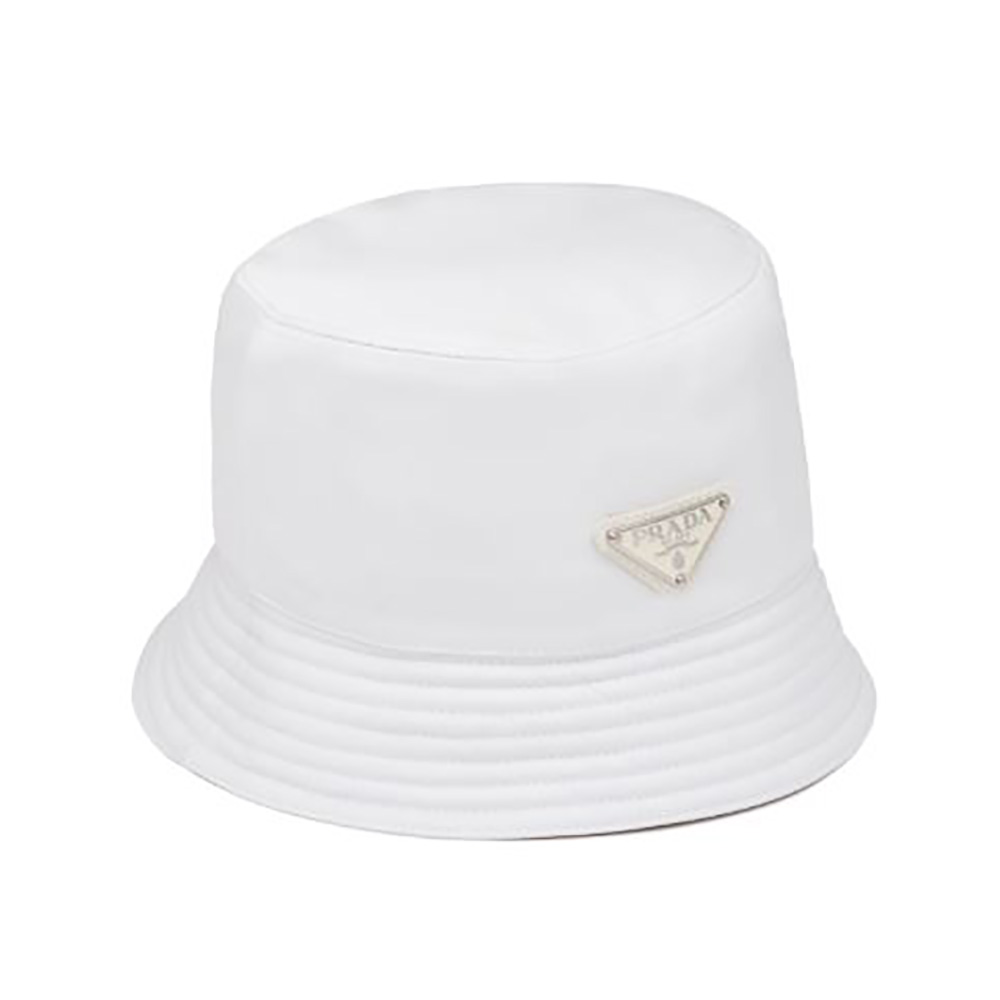 Prada Women Nylon Bucket Hat Decorated with the Triangle Logo-White