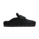 Prada Women Shearling Slippers Enameled Metal Triangle Logo-Black