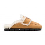 Prada Women Shearling Slippers Enameled Metal Triangle Logo-Yellow