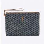 Saint Laurent YSL Women Monogram Tablet Pouch in Quilted Vintage Denim and Suede