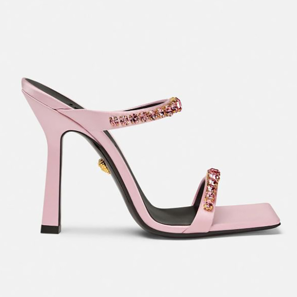 Versace Women Rhinestone Mules In 105mm Heel Hight Pink 1 