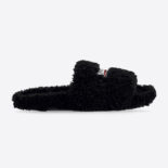 Balenciaga Women Furry Slide Sandal in Black Fake Shearling white Political Campaign Embroideries