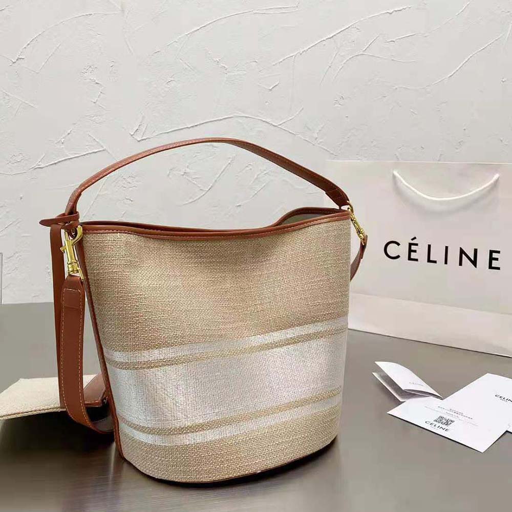 Celine Bucket 16 Bag In Textile With Logo in Natural