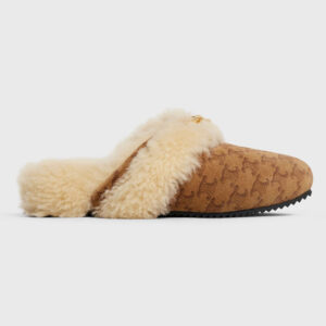 Celine Women Fur Slides Triomphe Closed Slipper in Suede Calfskin