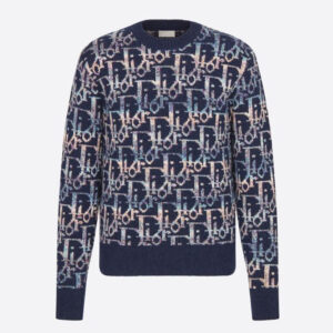 Dior Men Oblique Sweater Navy Blue Wool Jacquard