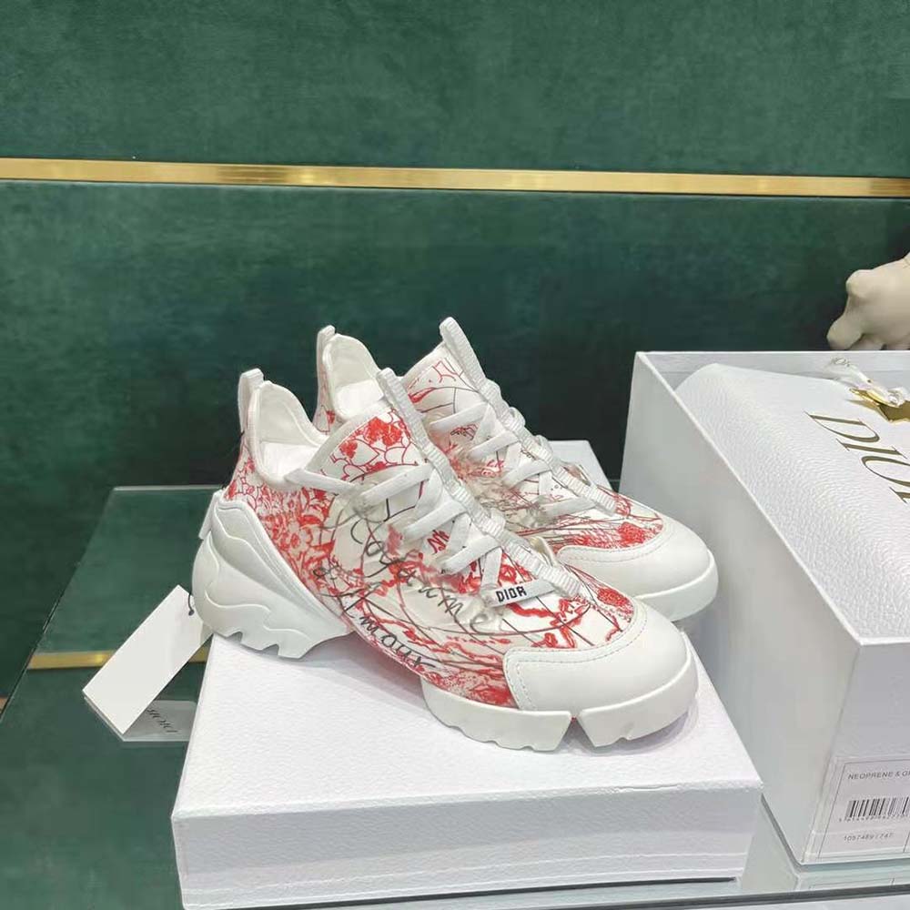 Dior Women D-connect Dioramour Sneaker White and Red D-Royaume d'Amour  Printed Technical Fabric