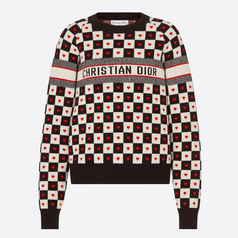 Dior Women Dioramour Sweater Black White and Red D Chess Heart