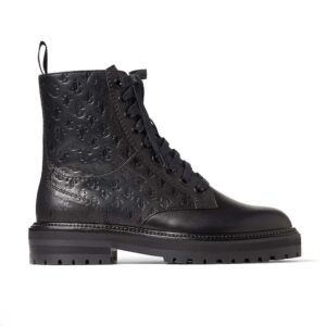 Jimmy Choo Women Cora Flat Black JC Monogram Leather Mix Combat Boots