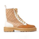 Jimmy Choo Women Cora Flat Caramel JC Monogram Leather Mix Combat Boots