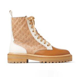 Jimmy Choo Women Cora Flat Caramel JC Monogram Leather Mix Combat Boots