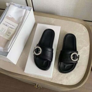 Jimmy Choo Women Fallon Black Nappa Leather Slides with Crystal Buckle