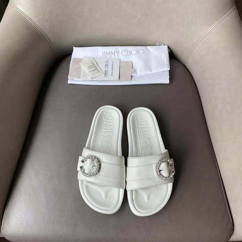 Jimmy Choo Women Fallon White Nappa Leather Slides with Crystal Buckle