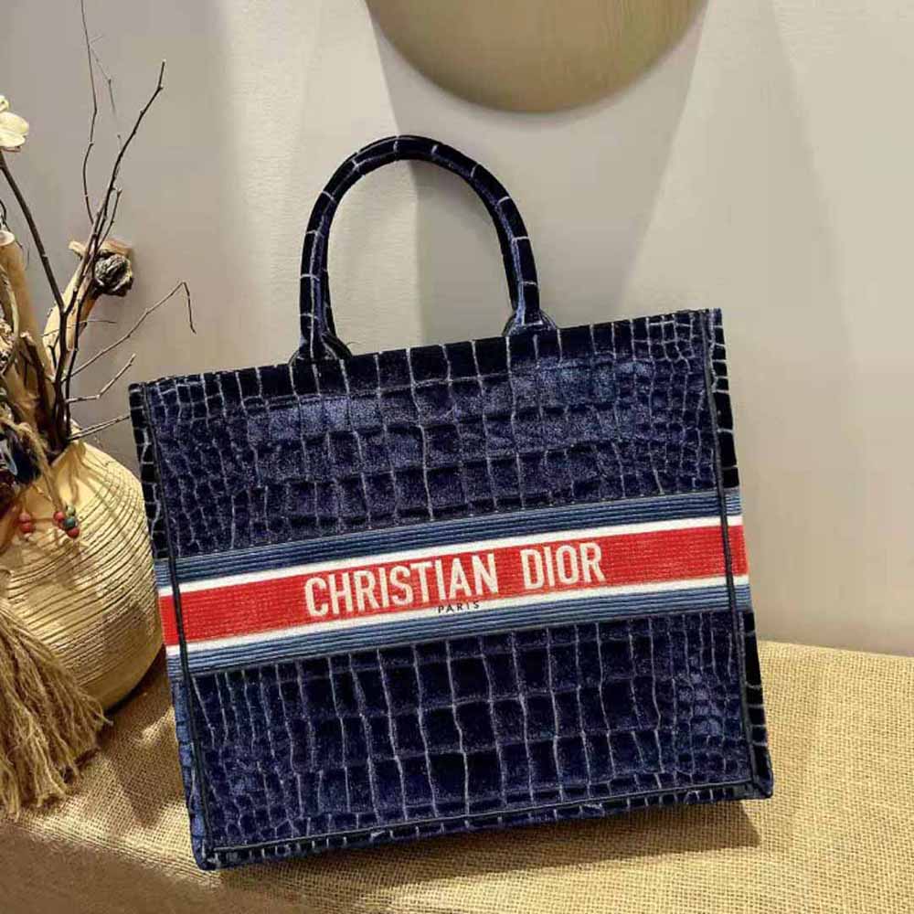 NEW Dior Book Tote: Blue Velvet Crocodile Embroidered, Large, 2021