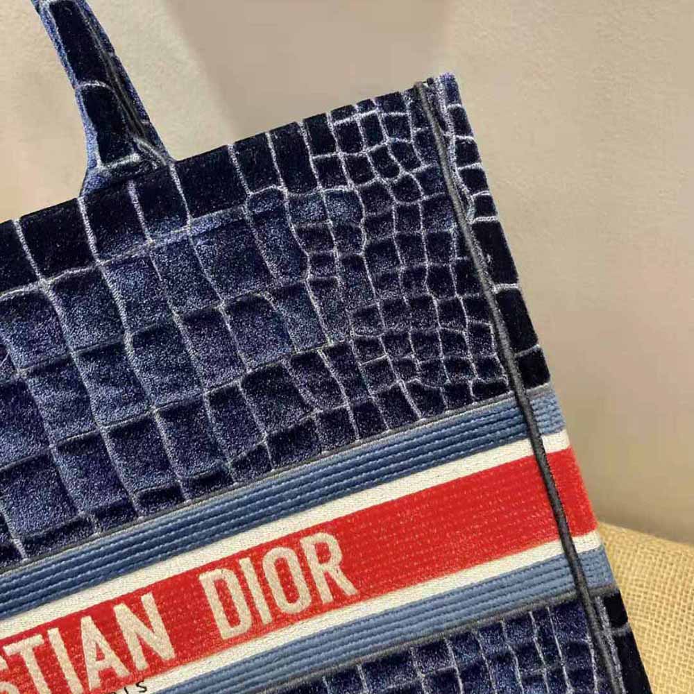 NEW Dior Book Tote: Blue Velvet Crocodile Embroidered, Large, 2021