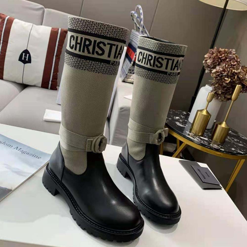 CHRISTIAN DIOR Technical Fabric Calfskin D-Major Boots 37.5 Taupe Black  1111459