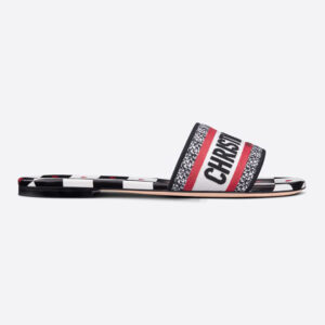Dior Women Dway Dioramour Slide White Black and Red D-Chess Heart Embroidered Cotton