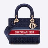 Dior Women Medium Lady D-lite Bag Blue Velvet Cannage Embroidery
