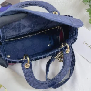 Dior Women Medium Lady D-lite Bag Blue Velvet Cannage Embroidery
