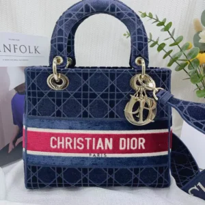 Dior Women Medium Lady D-lite Bag Blue Velvet Cannage Embroidery