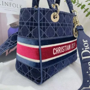 Dior Women Medium Lady D-lite Bag Blue Velvet Cannage Embroidery