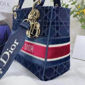 Dior Women Medium Lady D-lite Bag Blue Velvet Cannage Embroidery