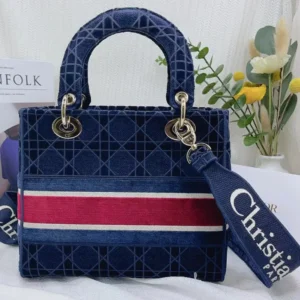 Dior Women Medium Lady D-lite Bag Blue Velvet Cannage Embroidery
