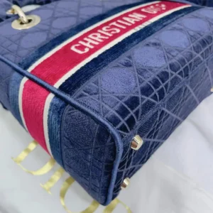 Dior Women Medium Lady D-lite Bag Blue Velvet Cannage Embroidery