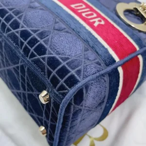 Dior Women Medium Lady D-lite Bag Blue Velvet Cannage Embroidery
