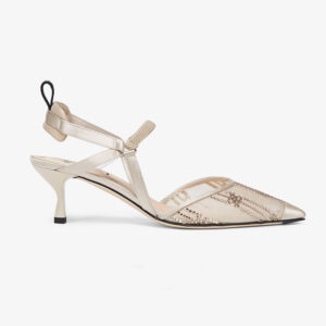 Fendi Women Colibri Medium Heel Pink Mesh Slingbacks with Rhinestone Embroidery