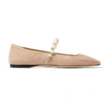 Jimmy Choo Women ADE Flat Ballet Pink Suede Flats with Pearl Embellishment
