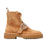 Jimmy Choo Women Cora FlatCrystal Caramel Suede Combat Boots with Crystal Buckle