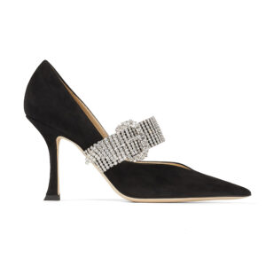 Jimmy Choo Women Kari 90 Black Suede Pumps with Crystal-Embellished Strap
