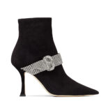 Jimmy Choo Women Kaza 90 Black Suede Shoe Booties with Crystal-Embellished Strap