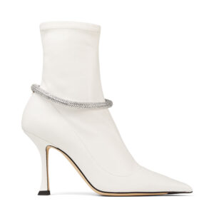 Jimmy Choo Women Leroy 90 Latte Stretch Bonded Fabric Sock Boots with Crystal Embellishment