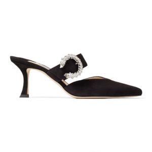 Jimmy Choo Women Marta 70 Black Suede Mules with Crystal Buckle