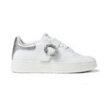 Jimmy Choo Women Osaka Lace up White Calf Leather and Silver Metallic Nappa Low Top Trainers
