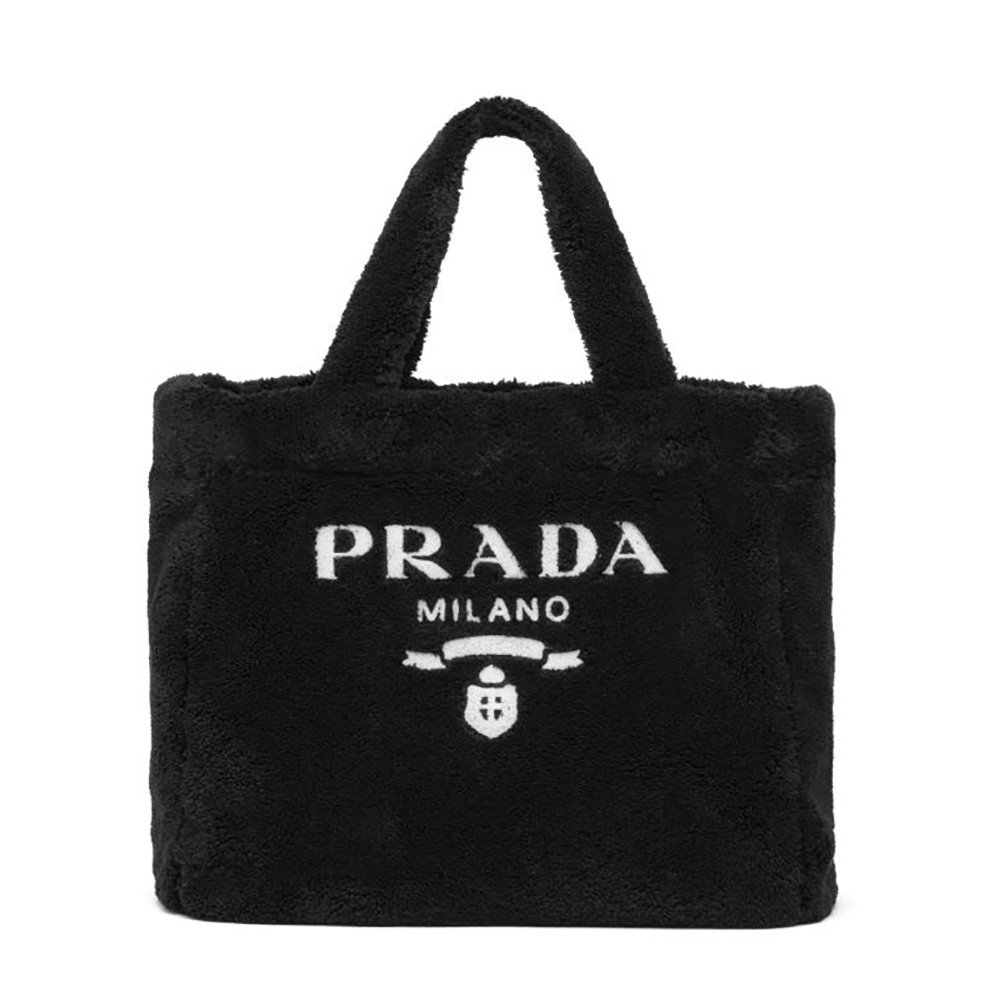 Prada Women Enameled Metal Triangle Logo Terry Tote Bag-Black