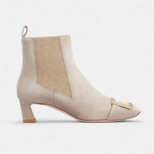 Roger Vivier Women Trompette Metal Buckle Chelsea Booties in Suede-Beige