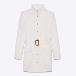 Saint Laurent YSL Women Long Belted Jacket in Wool Jersey-White