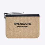 Saint Laurent YSL Women Rive Gauche Zippered Pouch in Embroidered Raffia and Leather