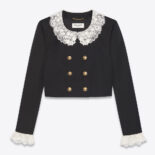 Saint Laurent YSL Women Short Jacket in Wool Twill with Floral Lace Embroidery