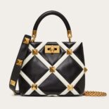 Valentino Women Small Roman Stud the Handle Bag in Nappa with Grid Detailing-black