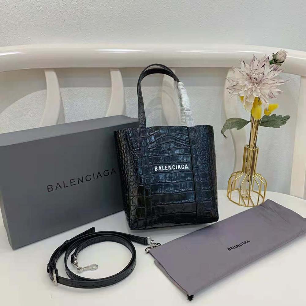 Balenciaga Women Everyday XXS Tote Bag in Black Shiny Crocodile Embossed Calfskin 3 Balenciaga Women Everyday XXS Tote Bag in Black Shiny Crocodile Embossed Calfskin - Image 3