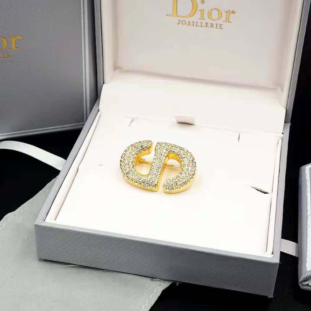 Dior Women CD Navy Brooch Gold-Finish Metal and White Crystals