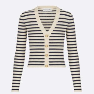 Dior Women Mariniere Buttoned Cardigan Navy Blue Linen, Cashmere and Silk Knit