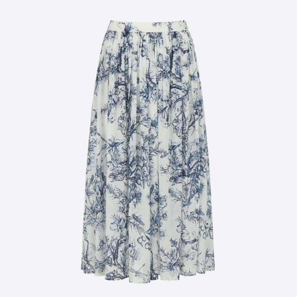 Dior - Mid-Length Skirt White and Navy Blue Toile de Jouy Cotton Muslin - Size 36 - Women